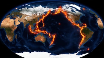Imagen global del planeta Tierra mostrando continentes, océanos y una línea incandescente que traza el Cinturón de Fuego del Pacífico.