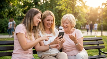 Tres mujeres de distintas edades, sentadas en un banco de parque, ríen mientras interactúan con un teléfono Android; la mujer central tiene auriculares.