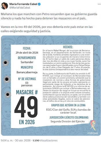 María Fernanda Cabal señaló falta de respuesta oficial por violencia en Colombia y llamó a las calles por la seguridad - crédito @MariaFdaCabal/X