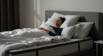 Mujer acostada boca arriba en una cama con cabecero gris, durmiendo con los ojos cerrados y la cabeza apoyada en cuatro almohadas blancas.