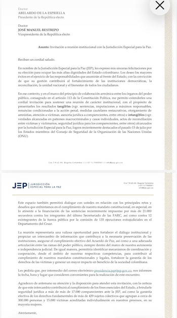 La JEP propuso una reunión institucional con el Ejecutivo para presentar resultados y discutir retos de su mandato constitucional - crédito X