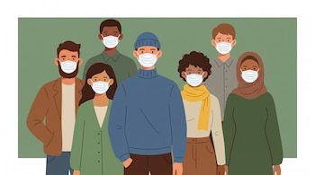Un grupo de siete adultos de diversas etnias, cuatro hombres y tres mujeres, vistiendo mascarillas faciales blancas y ropa casual, sobre fondo verde.