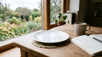 Mesa de madera junto a una ventana con un plato blanco sobre una hoja de laurel, una libreta abierta con bolígrafo y una taza caliente.