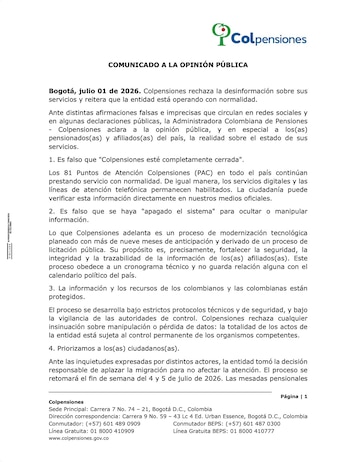 Colpensiones no ha suspendido los servicios ni atención al público, tras circulación de rumores - crédito Colpensiones