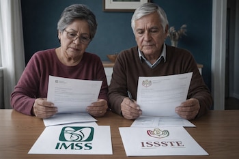 Dos adultos de fenotipo mexicano miran documentos. Se observan los logotipos de IMSS e ISSSTE en papeles sobre una mesa de madera.