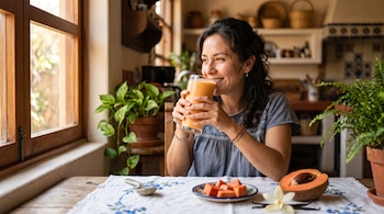 Una mujer sostiene un vaso con bebida anaranjada junto a una mesa con un plato de mamey cortado, medio mamey y una flor de vainilla.