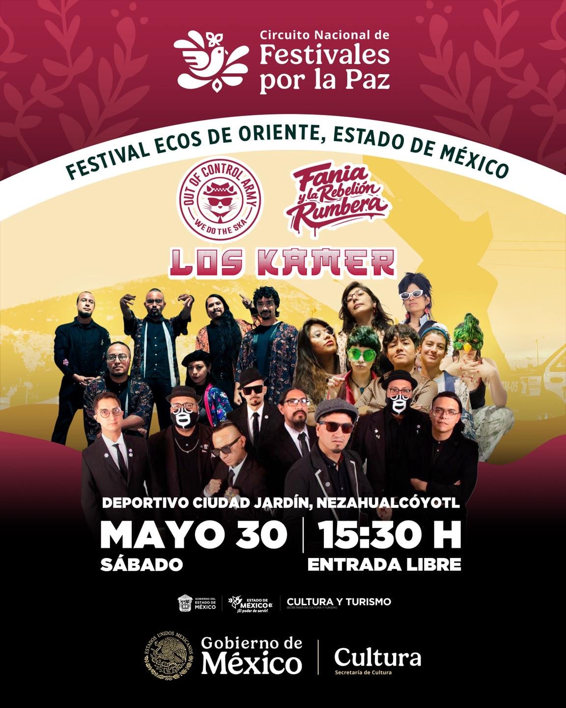 Un póster colorido anuncia el Festival Ecos de Oriente, parte del Circuito Nacional de Festivales por la Paz, con la participación de Out of Control Army, Fania y la Rebelión Rumbera, y Los Kamer en Nezahualcóyotl. (Festivales por la Paz/Secretaría de Cultura)