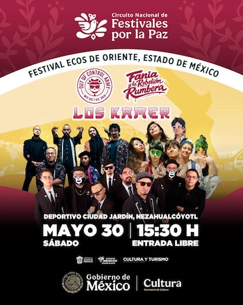 Un póster colorido de un festival musical que muestra a un grupo diverso de personas posando. Incluye los nombres de las bandas y la información del evento