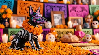 Figura de perro negro con pintura de esqueleto y collar de flores naranjas, sobre una base de pétalos frente a velas, calaveras y papel picado.