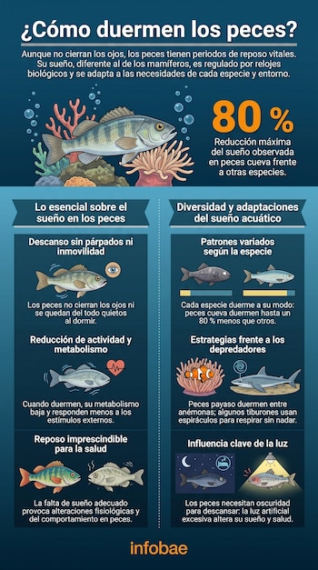 Infografía sobre el sueño de los peces con ilustraciones de distintas especies, corales, anémonas y un tiburón, detallando sus patrones de reposo y la influencia de la luz.