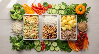 Tres recipientes: pasta, arroz, legumbres, papas, quinoa. Rodean brócoli, pimientos, tomates, pepino, rúcula y espinacas en una mesa de madera.