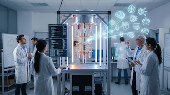 Grupo de científicos en batas de laboratorio alrededor de una computadora cuántica con pantallas de código. Iconos digitales de IA flotan a la derecha del equipo.