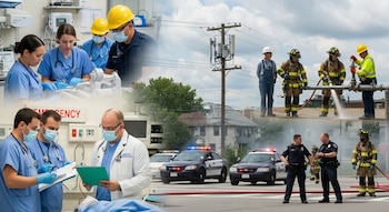 Un collage muestra a personal médico en un hospital, bomberos y trabajadores de servicios públicos operando tuberías, y policías con vehículos patrulla.