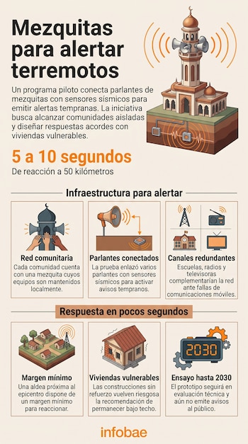 Infografía con la ilustración de una mezquita con altavoces en el minarete, sensores bajo tierra y seis recuadros con texto explicativo.
