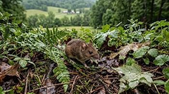 Un ratón silvestre marrón sobre hojas húmedas y vegetación verde, con un paisaje rural de colinas y árboles desenfocado al fondo.