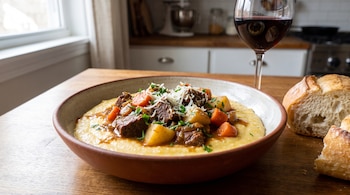 Un plato de polenta con estofado de carne, patatas, zanahorias, queso rallado y perejil, acompañado de pan y una copa de vino tinto sobre una mesa de madera.