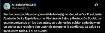En su primer mensaje tras el anuncio, Ana María Vesga afirmó que asume el cargo pensando en los pacientes y en recuperar la confianza en el sistema de salud: "La salud se salva entre todos. ¡Y sí se puede!" - crédito Ana María Vesga/X