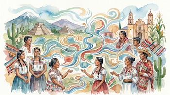 Pintura acuarela de personas indígenas mexicanas con vestimenta tradicional, elementos culturales como pirámides, cactáceas y una iglesia, y formas fluidas que simulan el habla.