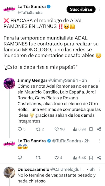Captura de tela de um tópico no Twitter com tweets de La Tía Sandra e comentários de Jimmy Gengar e Dulcecaramelo