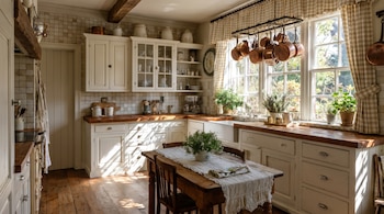 Cocina con muebles blancos, encimeras de madera, suelo de parquet, ventana con cortinas, macetas de cobre, mesa con flores y sillas.