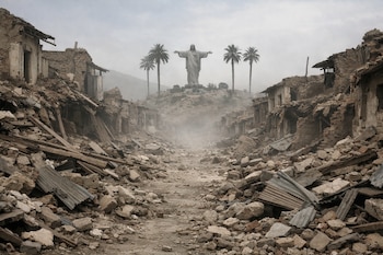 Vista de una calle devastada por un terremoto, con casas en ruinas, escombros y polvo. Al fondo, una estatua de Cristo y cuatro palmeras.