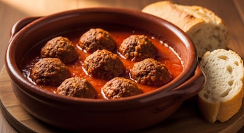 Siete albóndigas de lenteja y avena en salsa roja, presentadas en una cazuela de barro, acompañadas de pan al costado sobre una superficie de madera.