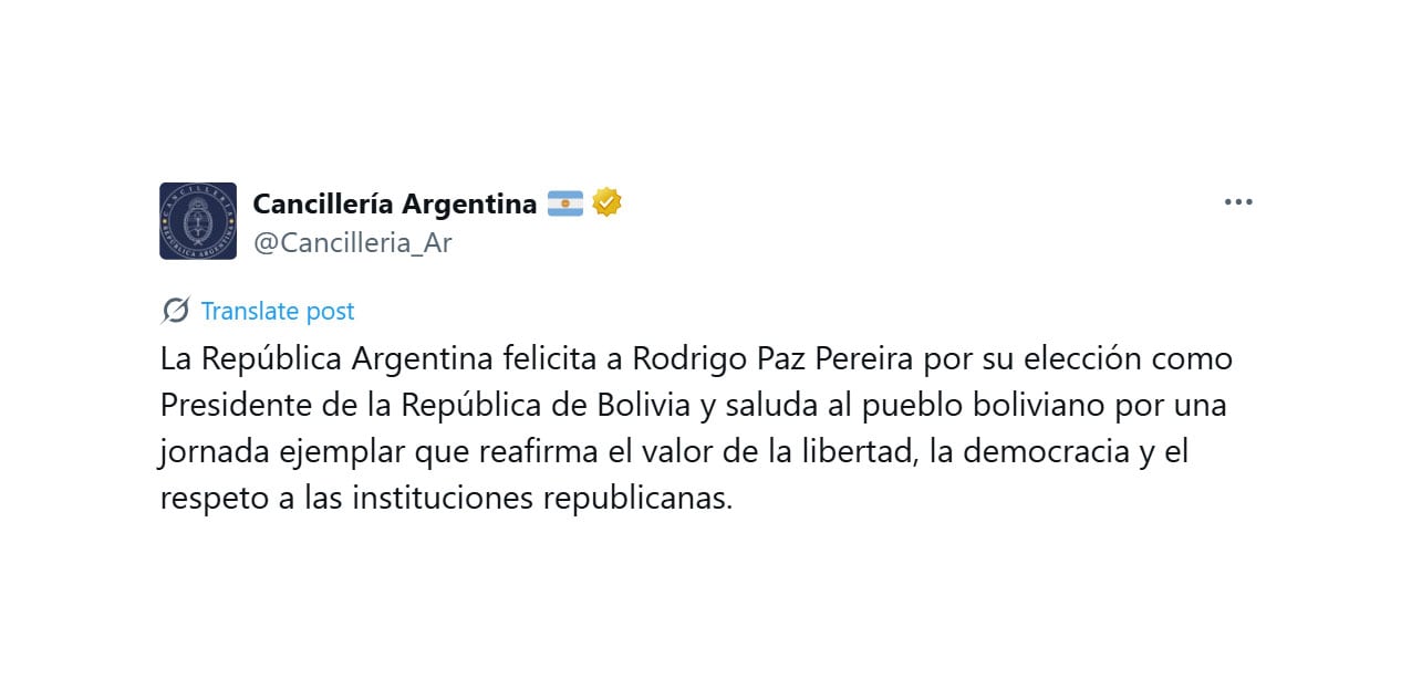 La Cancillería argentina felicitó a Rodrigo Paz y destacó el respeto a las instituciones republicanas