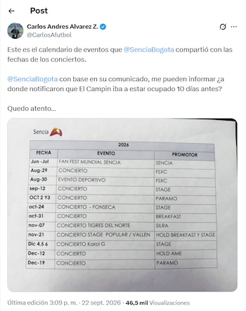 Post de Carlos Andrés Álvarez sobre el calendario entregado a los clubes con los conciertos en el segundo semestre del 2026 - crédito X