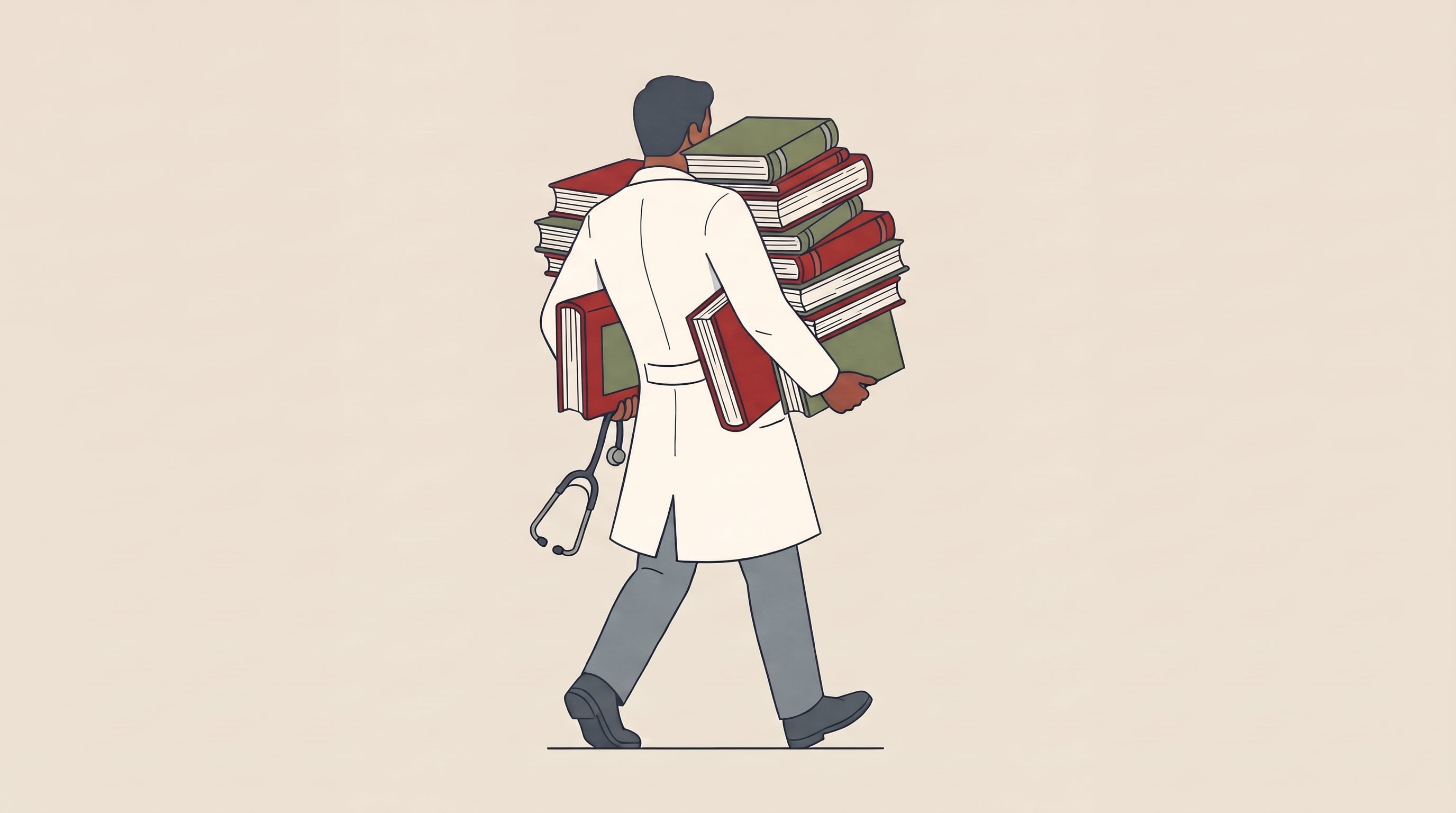 Un profesional de la salud camina de espaldas mientras sostiene una gran pila de libros y un estetoscopio. (Imagen Ilustrativa Infobae)