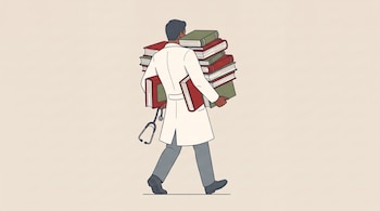 Ilustración de un médico de piel morena con bata blanca que camina de espaldas cargando una pila de libros y un estetoscopio.