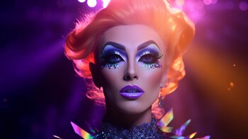 Una drag queen deslumbrante mira a la cámara, su maquillaje y vestuario son un estallido de colores vibrantes, creando una imagen épica, cinematográfica y magnífica