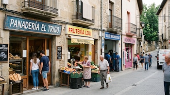 Fachadas de locales comerciales tradicionales con rótulos de panadería, frutería, taller mecánico y mercería con peatones en la acera.