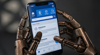 Una mano robótica de color plateado sostiene un smartphone negro en primer plano, con la pantalla mostrando una interfaz de usuario genérica abstracta. El fondo está desenfocado.