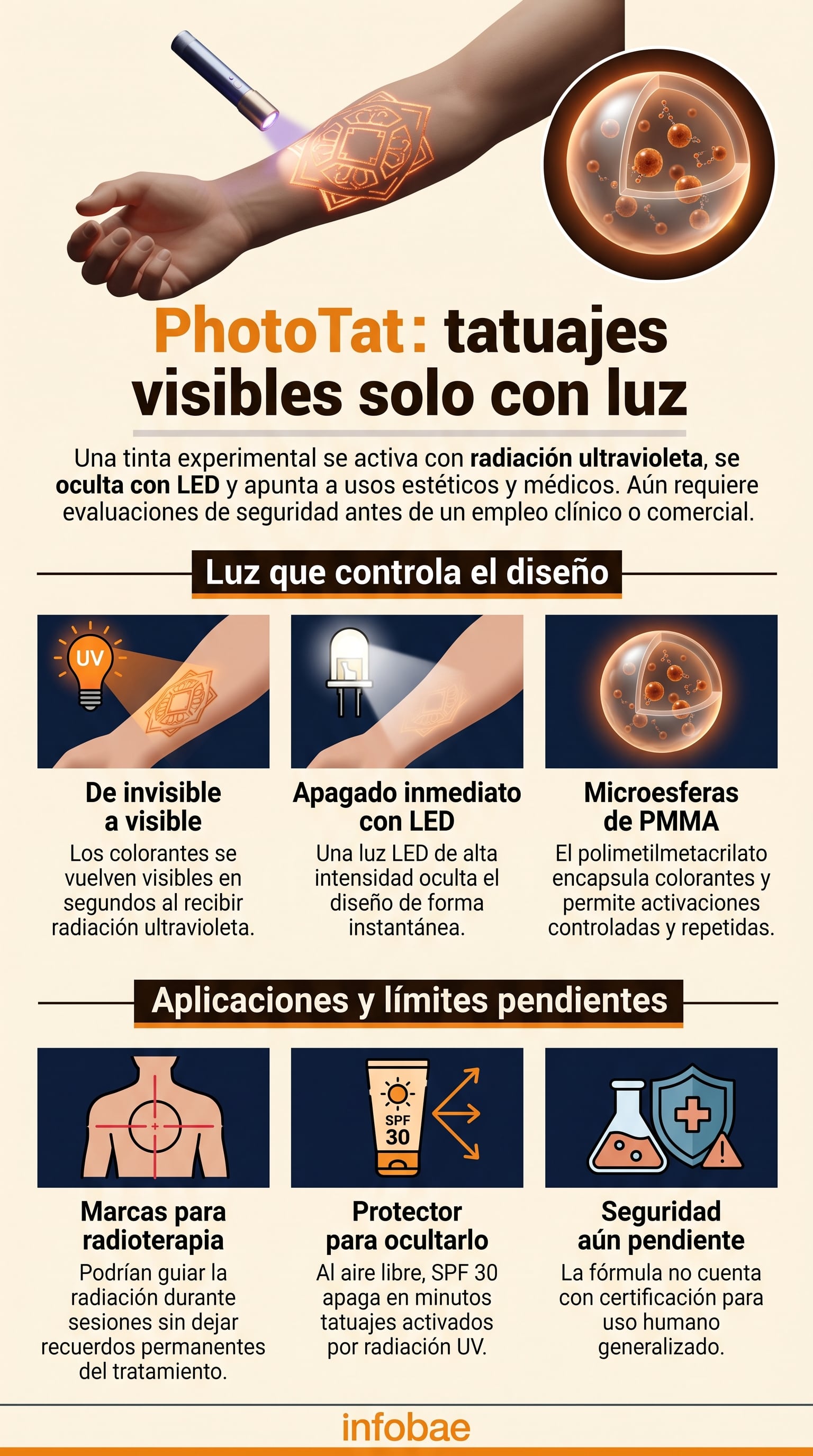 Una infografía de Infobae detalla el funcionamiento de PhotoTat, una tinta para tatuajes desarrollada en Estados Unidos que reacciona a la luz ultravioleta y cuenta con aplicaciones médicas (Imagen Ilustrativa Infobae)