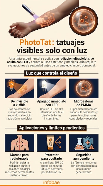 Infografía con ilustraciones de un brazo con un tatuaje brillante, una luz ultravioleta, microesferas y el título PhotoTat.