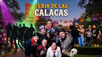 Montaje fotográfico con el texto Feria de las Calacas, varios músicos, ofrendas tradicionales, papel picado y edificios de fondo.