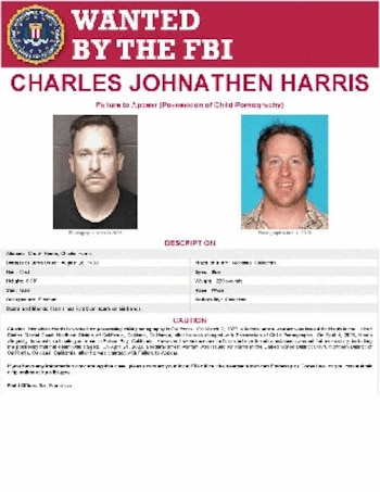 Un afiche digital con el logo del FBI, dos fotografías de un hombre, el nombre Charles Johnathen Harris y texto descriptivo