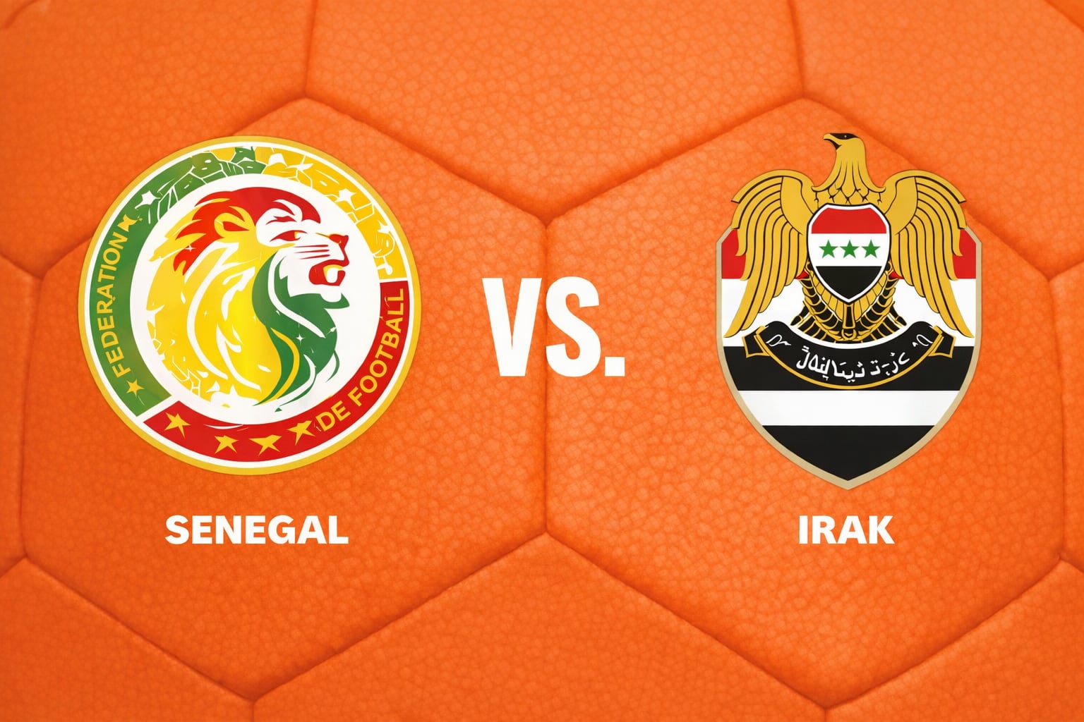 Los escudos de las selecciones nacionales de fútbol de Senegal e Irak se muestran sobre un fondo naranja con la textura de un balón, señalando un próximo enfrentamiento. (Imagen Ilustrativa Infobae)