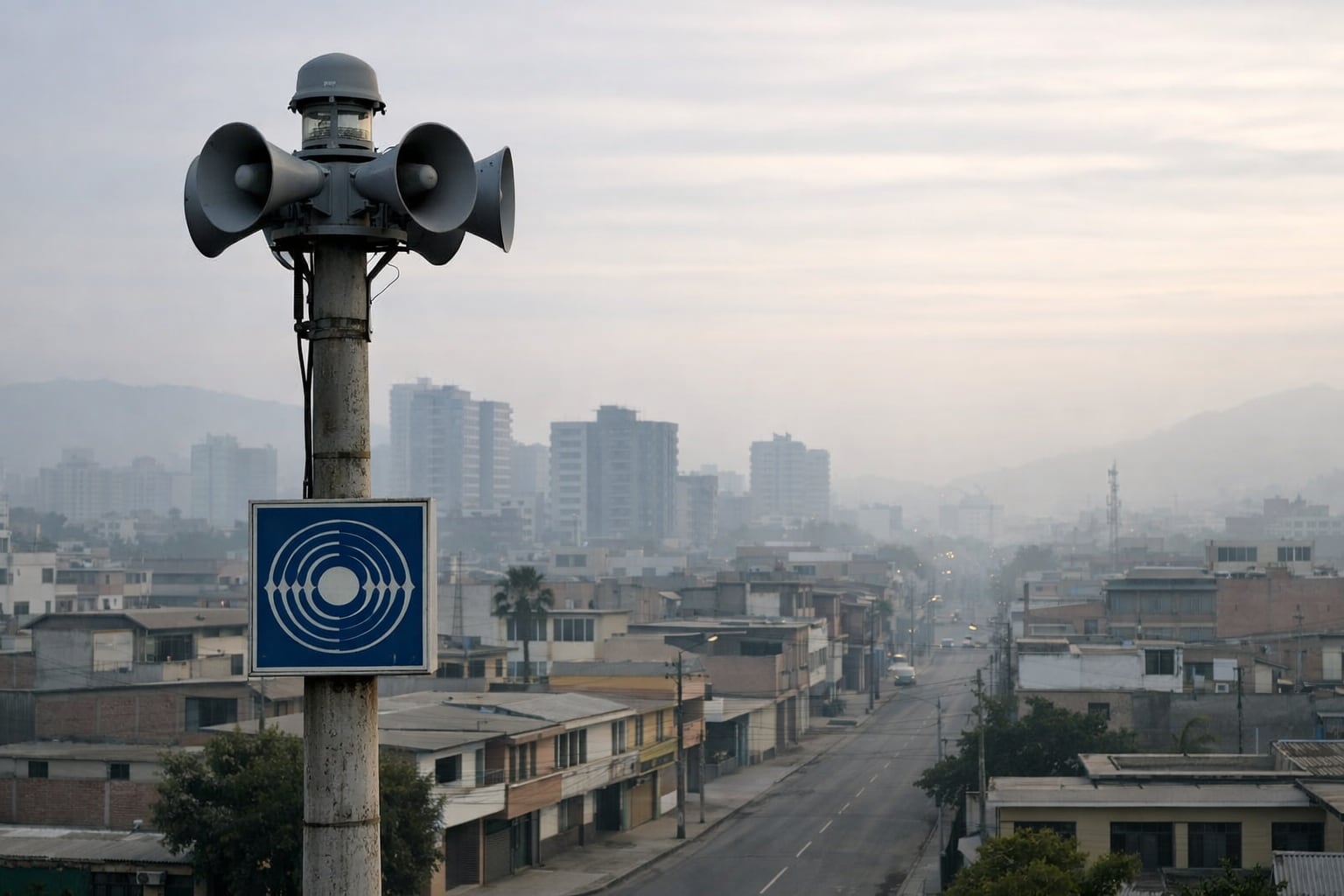 Una sirena de alarma sísmica del Instituto Geofísico del Perú se alza sobre un poste en una calle semi vacía de una ciudad peruana al amanecer. (Imagen Ilustrativa Infobae)