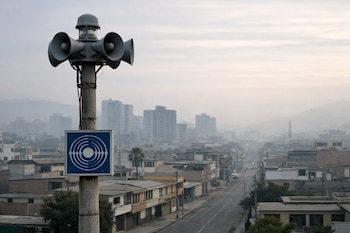 Poste de metal con sirena de alarma sísmica y placa azul con logo del IGP en una calle urbana. Edificios, casas y montañas cubiertas por neblina al fondo.