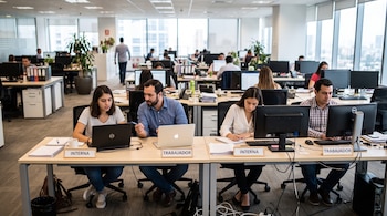Cuatro personas trabajan en una mesa de oficina frente a computadoras, con carteles que indican sus puestos como interna y trabajador.