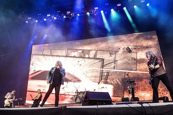 British rock band Def Leppard performs at the Rock Festival Copenhell, in Copenhagen, Denmark June 14, 2023. Ritzau Scanpix/Helle Arensbak via REUTERS ATTENTION EDITORS - THIS IMAGE WAS PROVIDED BY A THIRD PARTY. DENMARK OUT. NO COMMERCIAL OR EDITORIAL SALES IN DENMARK.