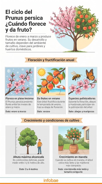 Infografía con ilustraciones de Prunus persica floreciendo y con frutos, ramas, abeja, mariposa, un árbol con regla de altura y un árbol en maceta.