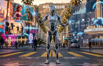 Robot humanoide en calle de Hollywood con letrero al fondo. Proyecciones holográficas de animación, filmación, datos y logos de estudios