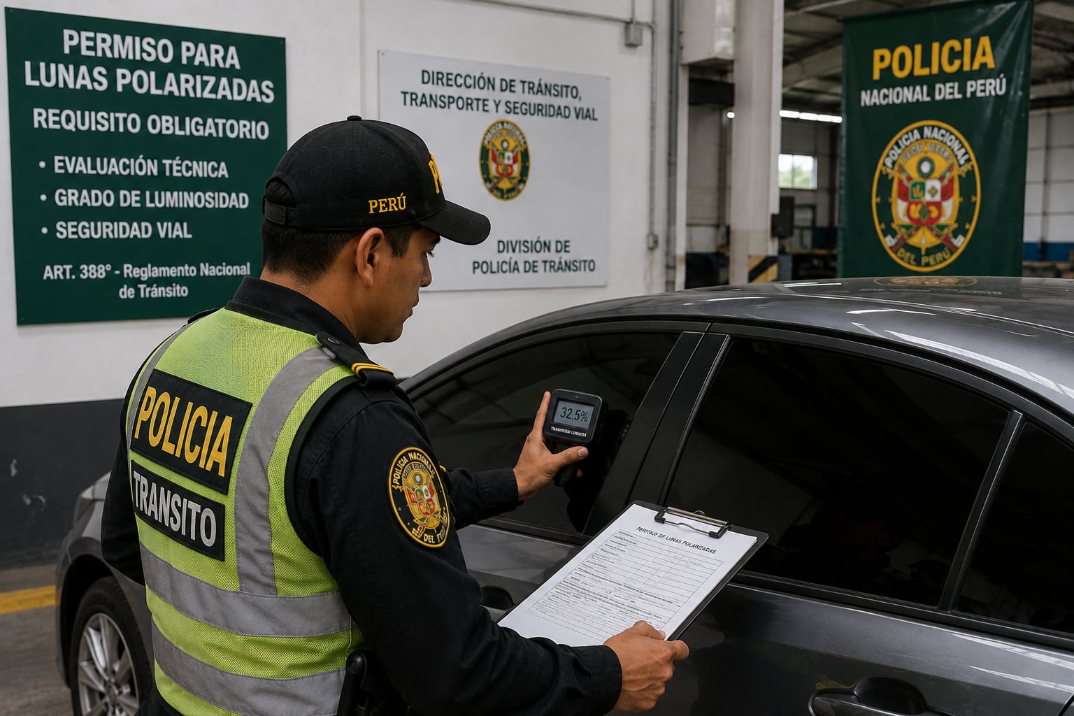 Un agente de la Policía Nacional del Perú evalúa el grado de luminosidad de un vehículo para un peritaje de lunas polarizadas. (Imagen Ilustrativa Infobae)
