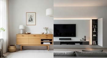 Imagen dividida horizontalmente: izquierda, aparador escandinavo de madera clara; derecha, mural blanco y gris con TV flotante y estantes LED.