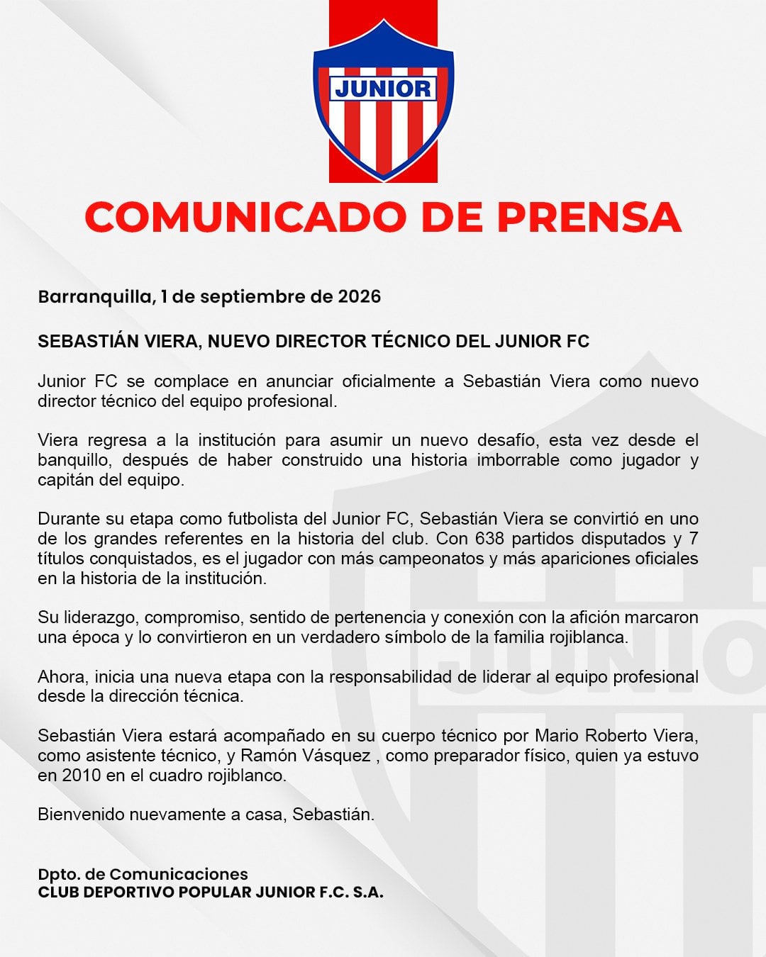 El 12 veces campeón de Colombia confirmó al ídolo uruguayo como su nuevo técnico para lo que queda de campeonato-crédito @JuniorClubSA/X