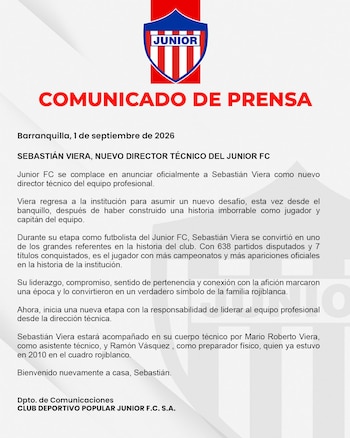 El 12 veces campeón de Colombia confirmó al ídolo uruguayo como su nuevo técnico para lo que queda de campeonato-crédito @JuniorClubSA/X