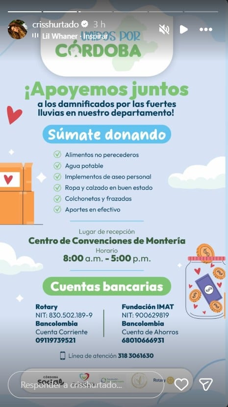 Cristina Hurtado compartió en redes sociales información para orientar a sus seguidores y realicen donativos para paliar la crisis en Córdoba - crédito @crisshurtado/Instagram
