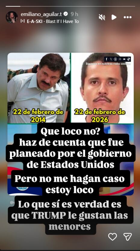 El cantante Emiliano Aguilar compartió una historia de Instagram que compara la captura de El Chapo con una posible (y especulativa) detención de El Mencho en 2026, generando gran revuelo. (Emiliano Aguilar / Instagram )